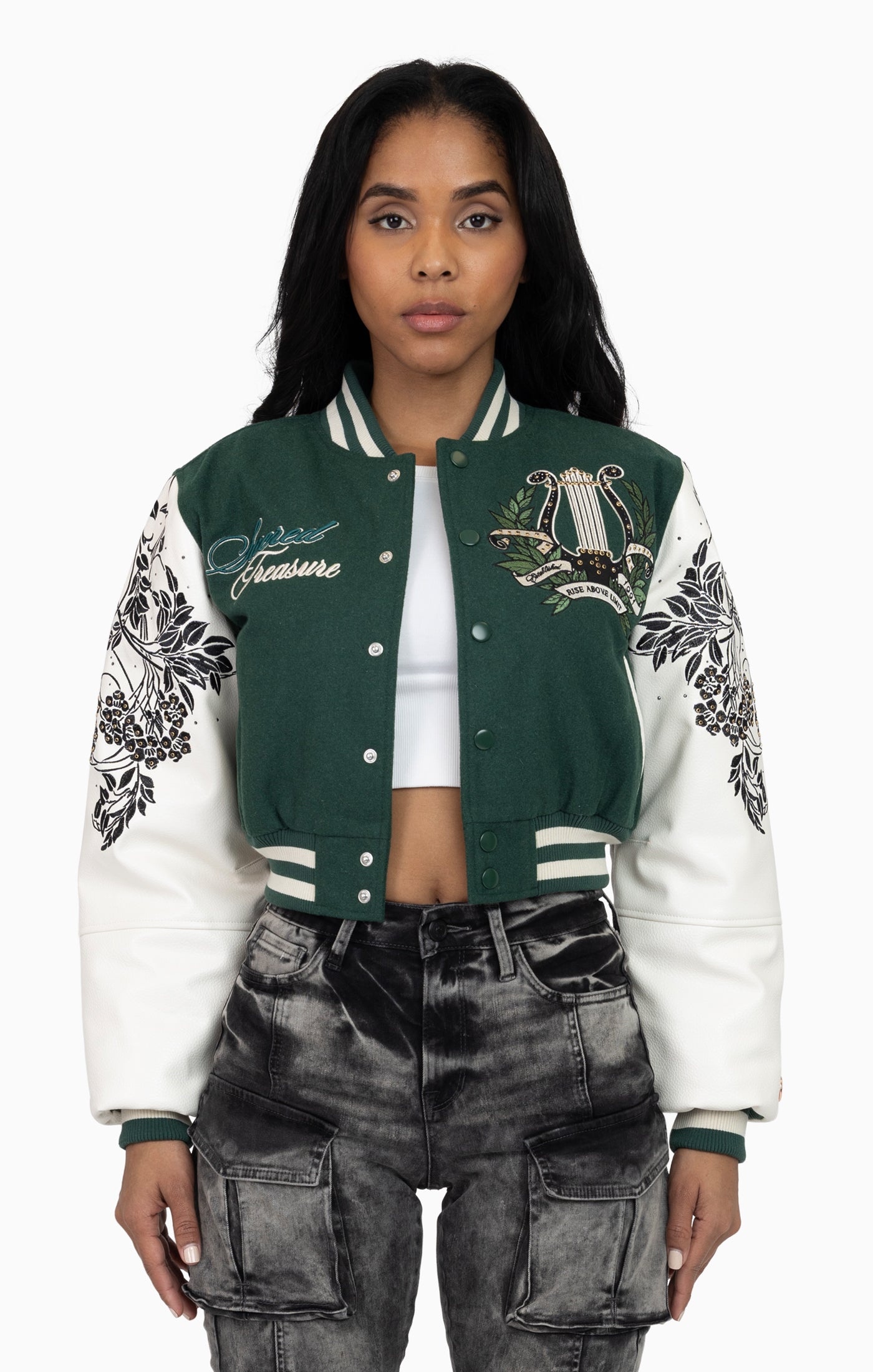 Embroidered Embellished Varsity Jacket - Hunter Green