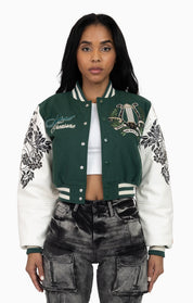 Embroidered Embellished Varsity Jacket - Hunter Green