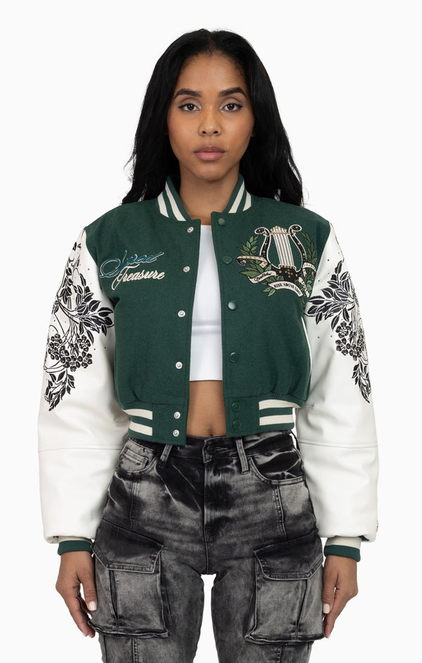 Embroidered Embellished Varsity Jacket - Hunter Green