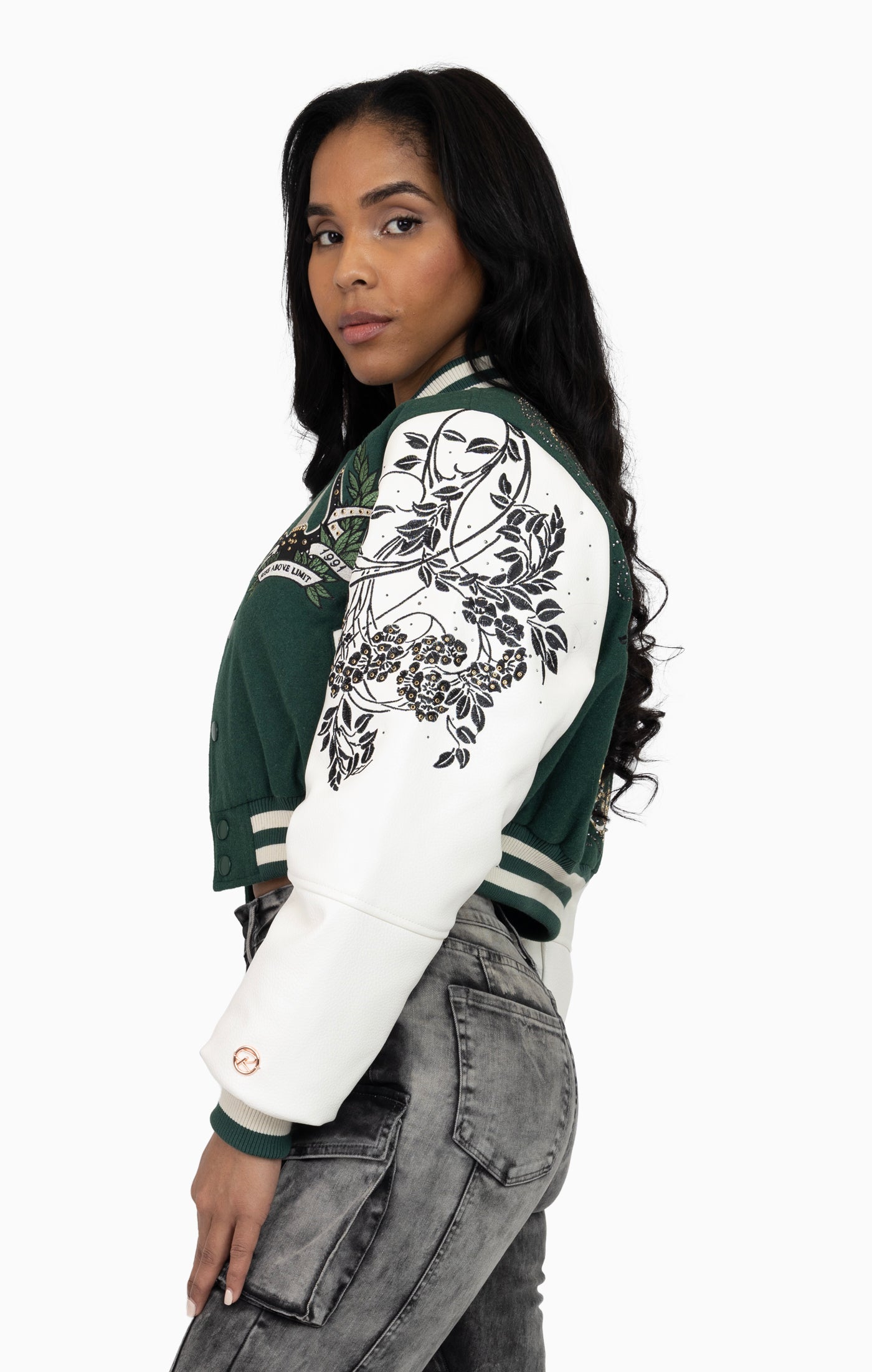 Embroidered Embellished Varsity Jacket - Hunter Green
