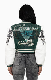 Embroidered Embellished Varsity Jacket - Hunter Green