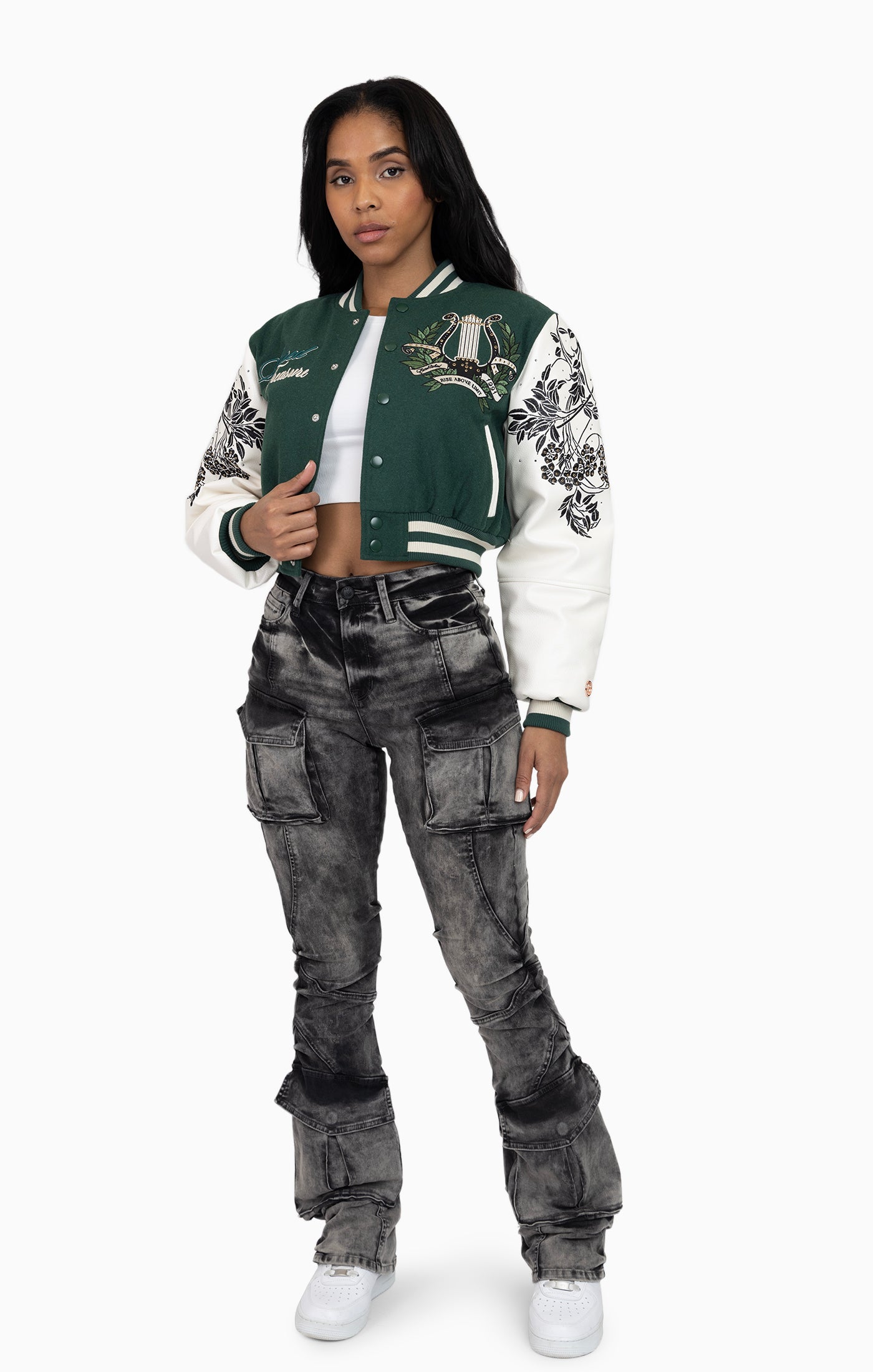 Embroidered Embellished Varsity Jacket - Hunter Green