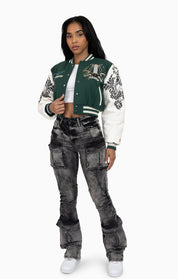 Embroidered Embellished Varsity Jacket - Hunter Green