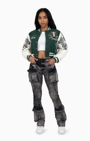 Embroidered Embellished Varsity Jacket - Hunter Green