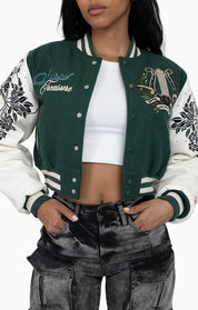 Embroidered Embellished Varsity Jacket - Hunter Green