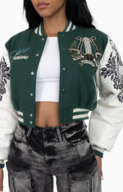Embroidered Embellished Varsity Jacket - Hunter Green