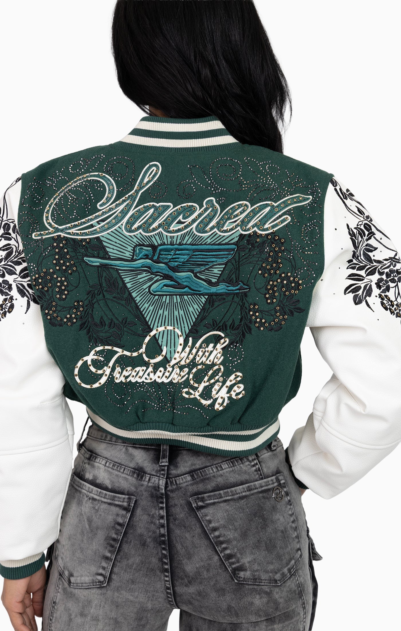 Embroidered Embellished Varsity Jacket - Hunter Green