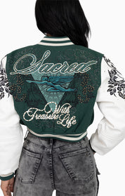 Embroidered Embellished Varsity Jacket - Hunter Green
