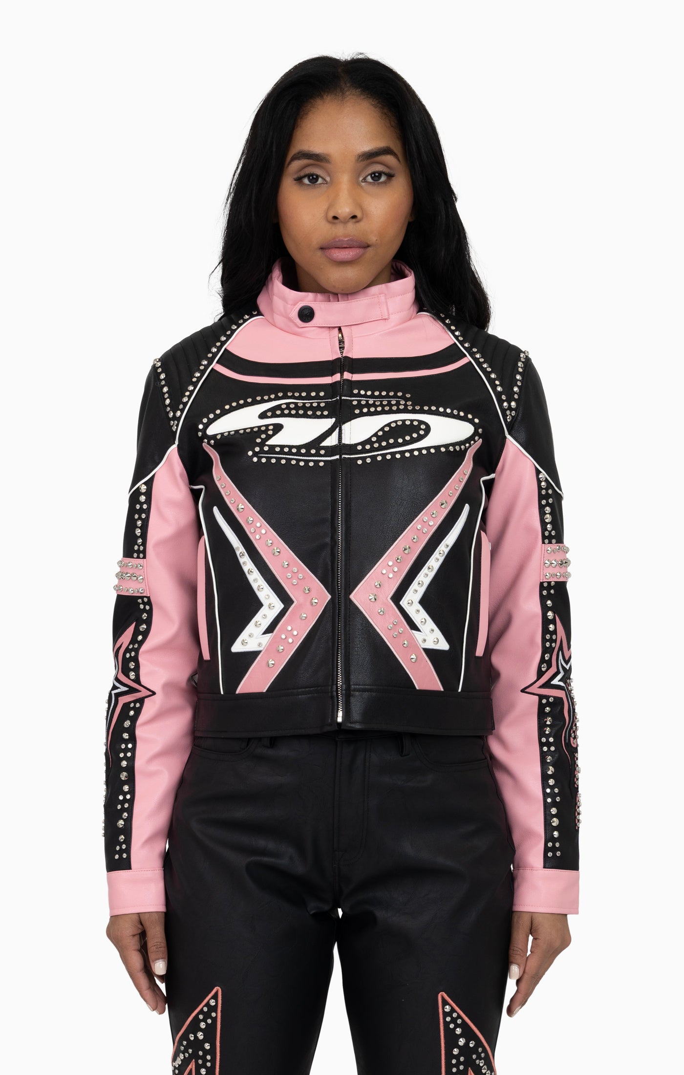 PU Leather Embellished Jacket - Peony