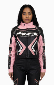 PU Leather Embellished Jacket - Peony