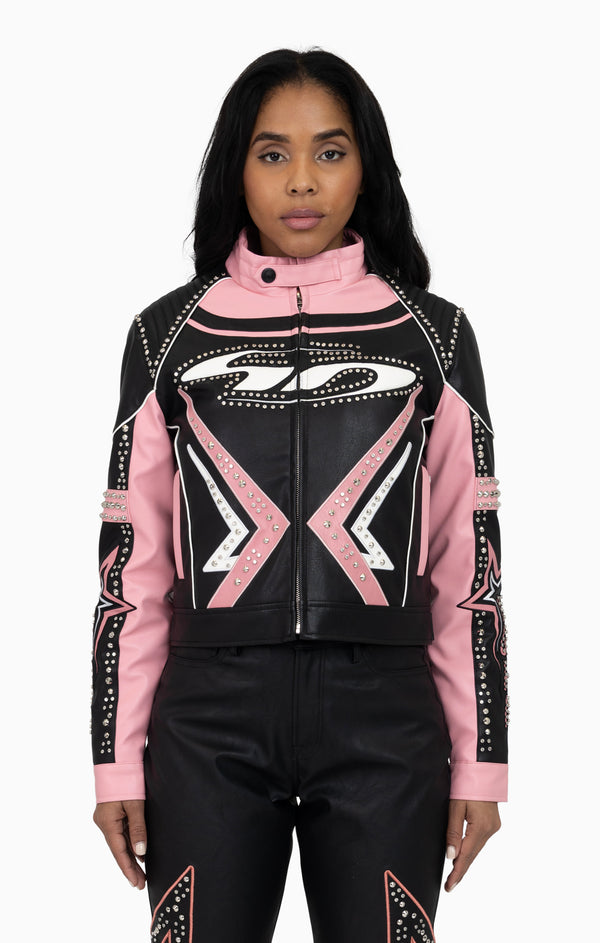PU Leather Embellished Jacket - Peony