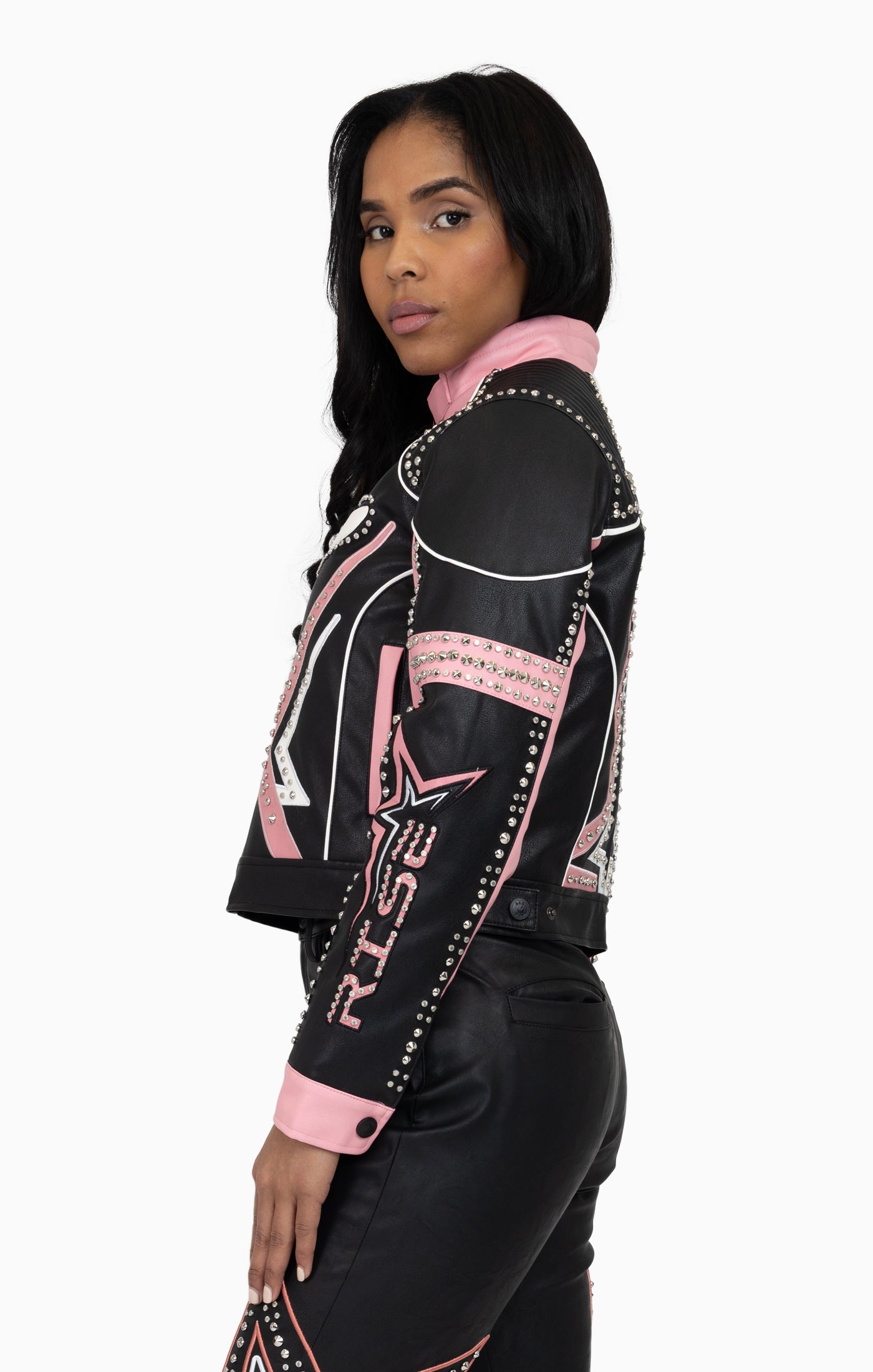 PU Leather Embellished Jacket - Peony