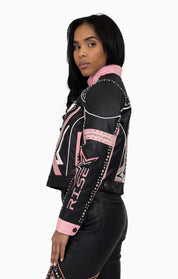 PU Leather Embellished Jacket - Peony