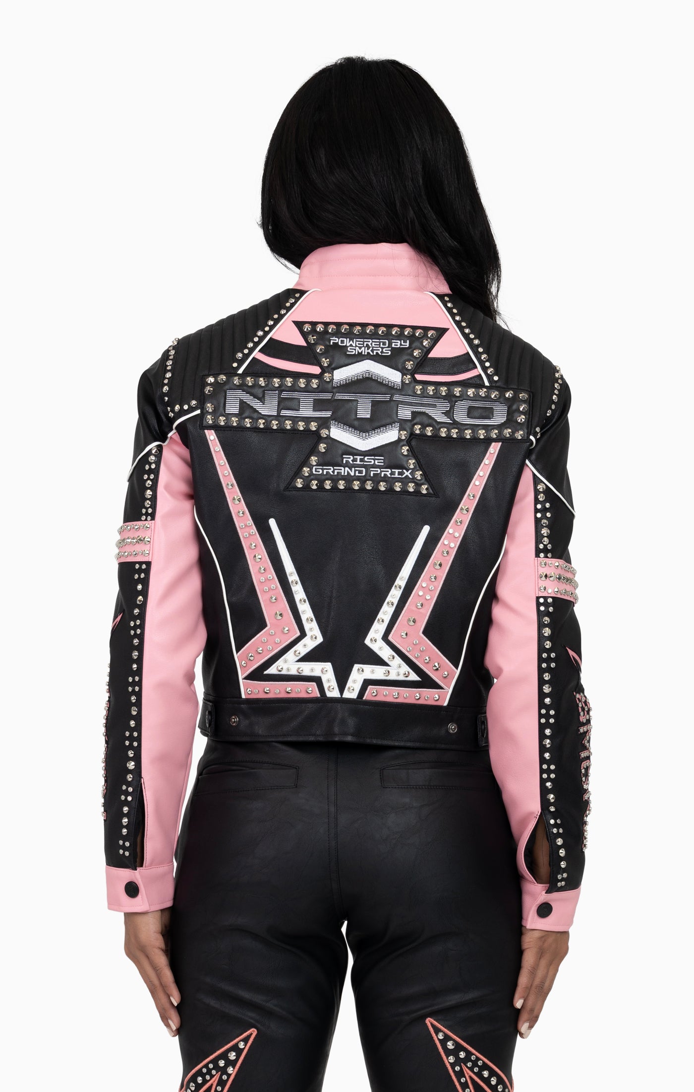 PU Leather Embellished Jacket - Peony