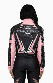PU Leather Embellished Jacket - Peony