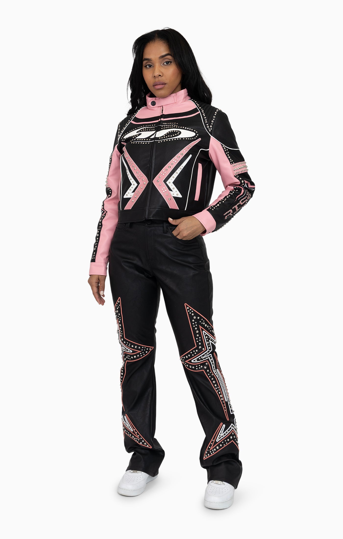 PU Leather Embellished Jacket - Peony