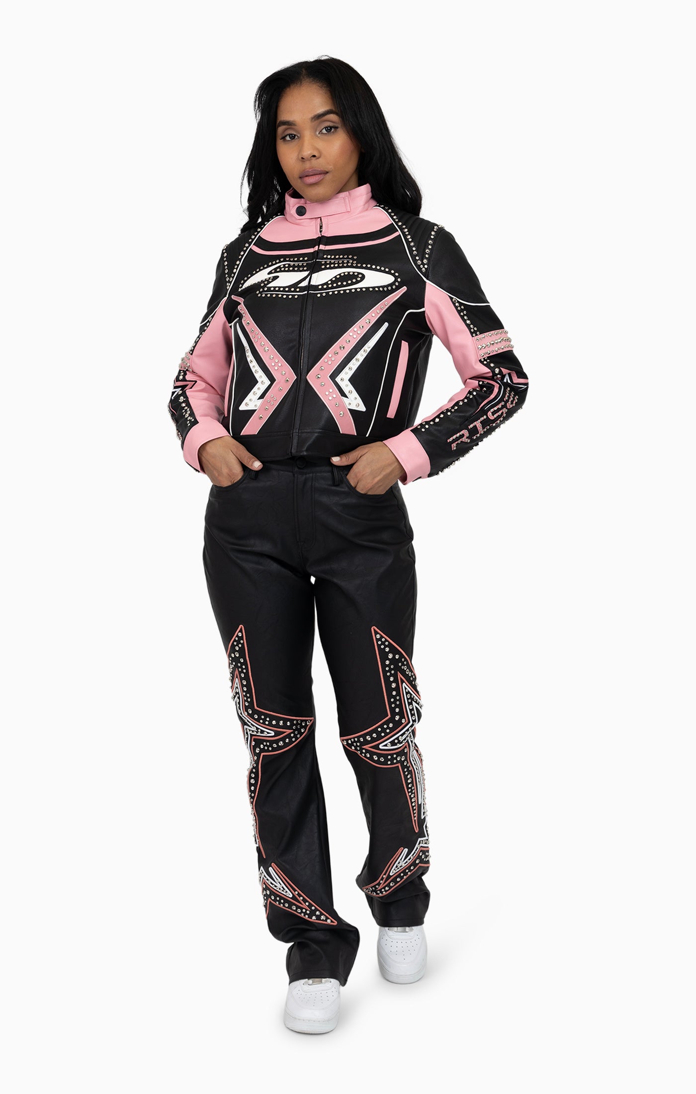 PU Leather Embellished Jacket - Peony