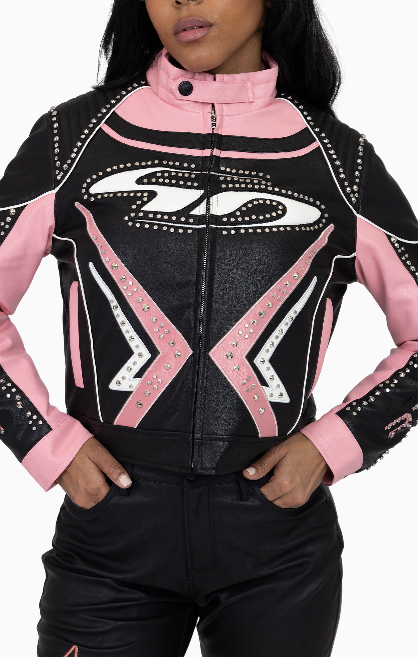 PU Leather Embellished Jacket - Peony