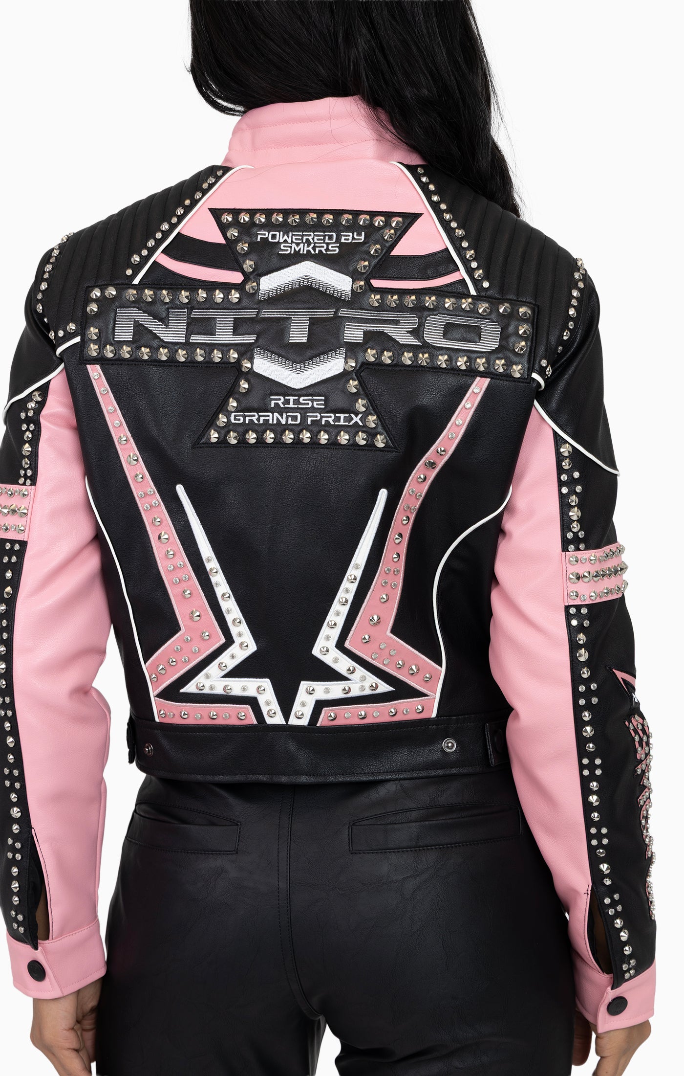 PU Leather Embellished Jacket - Peony