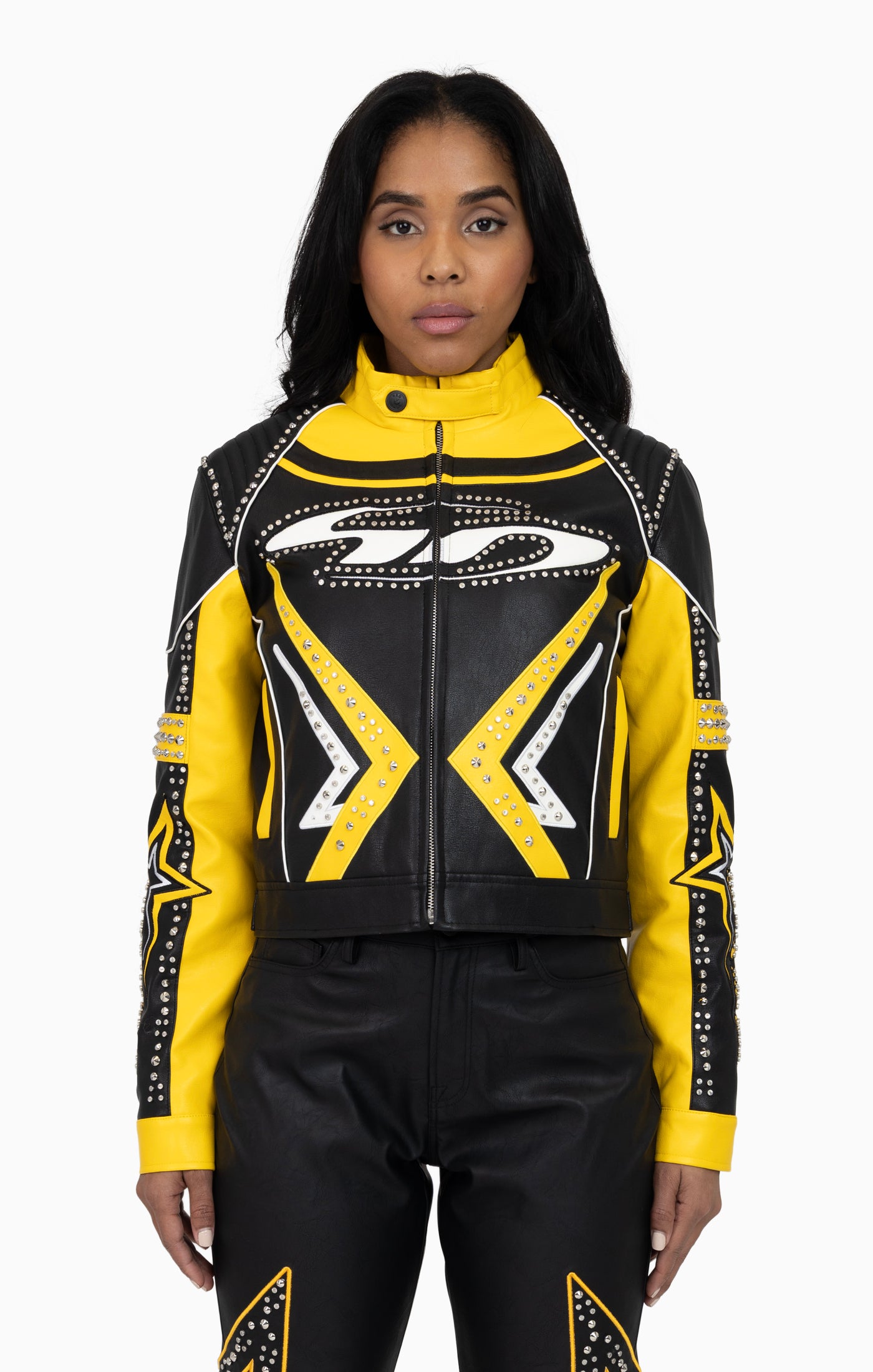 Pu Leather Embellished Jacket - Solar Power