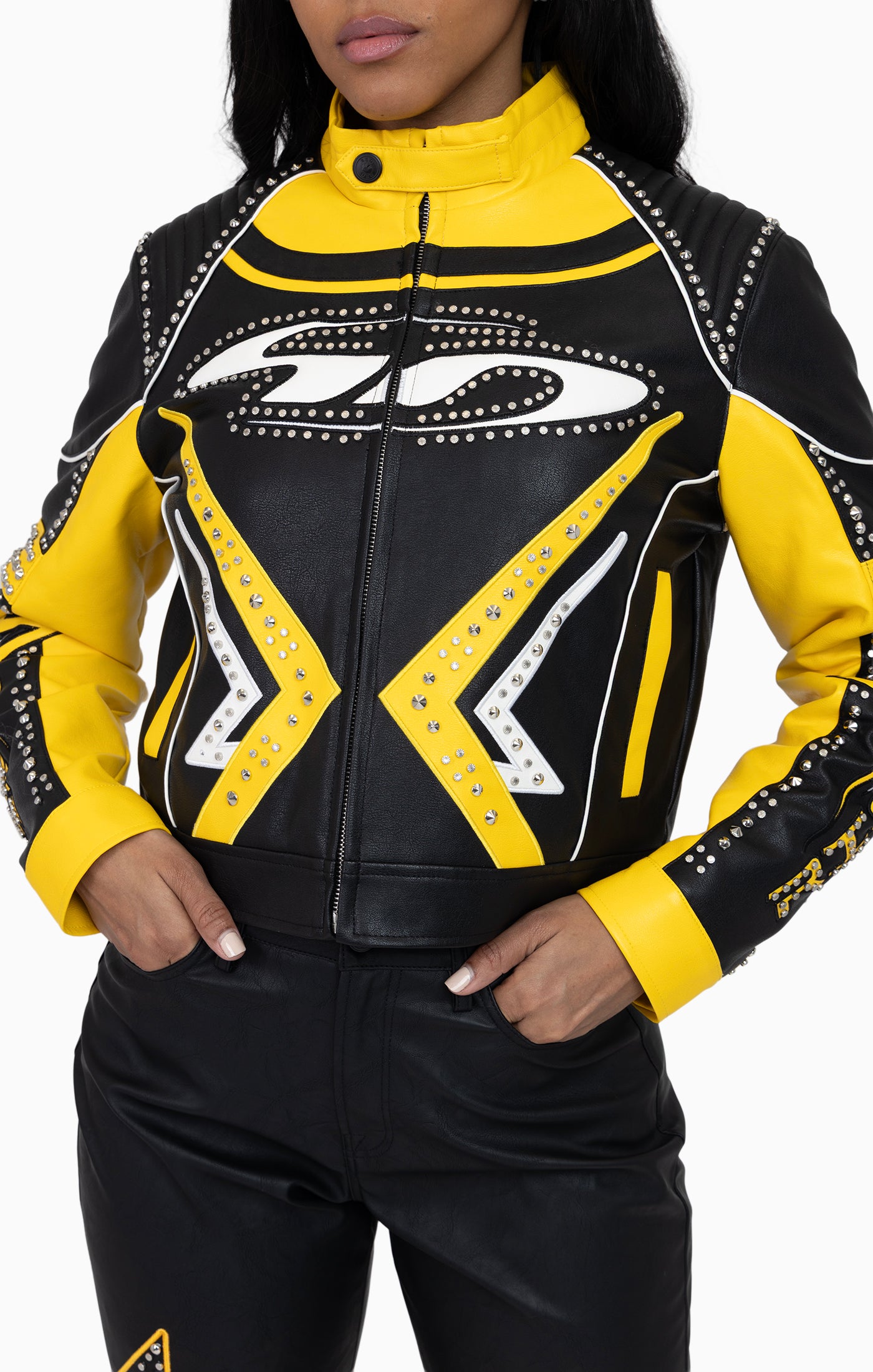 Pu Leather Embellished Jacket - Solar Power