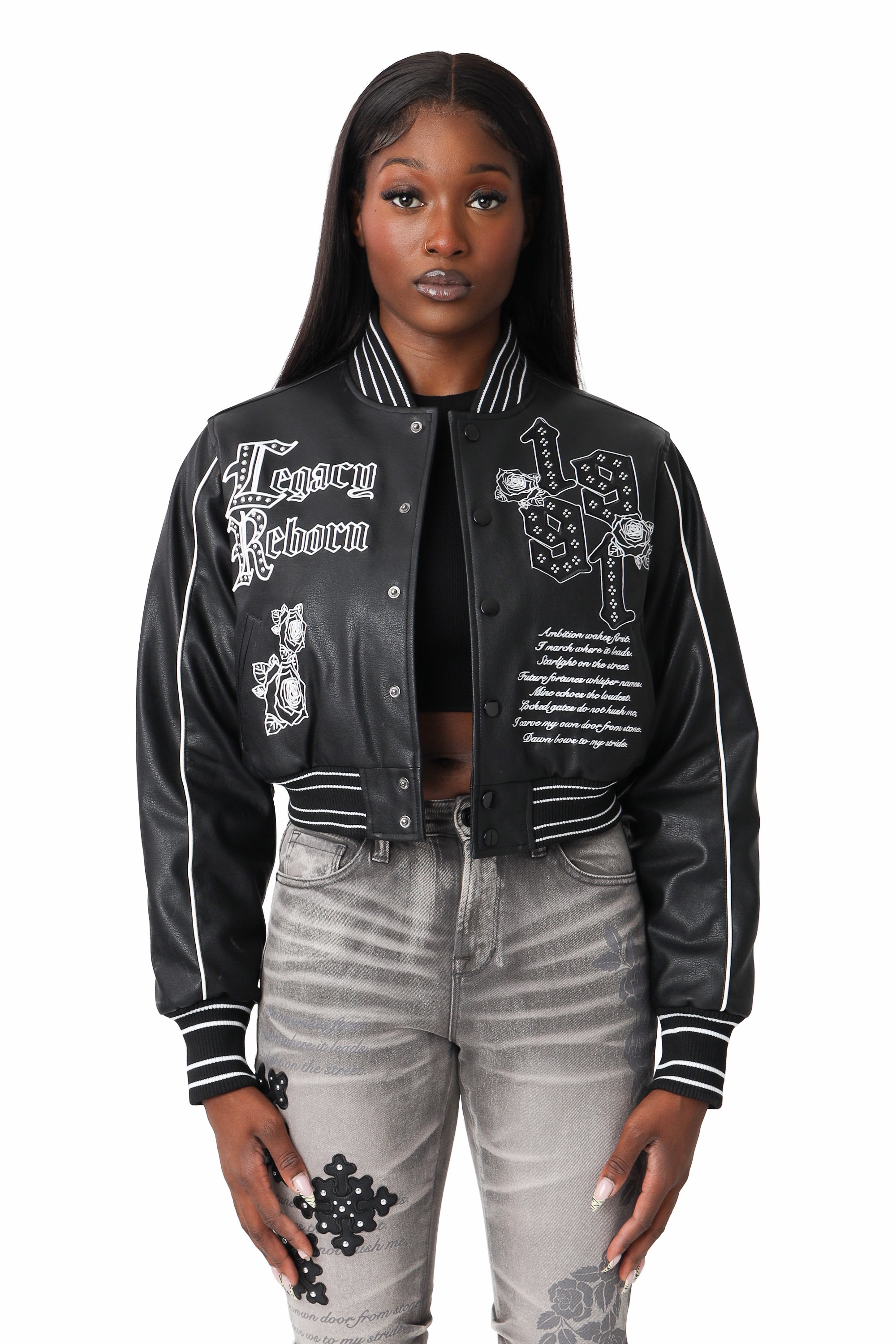 PU Leather Studded Varsity Jacket - Black