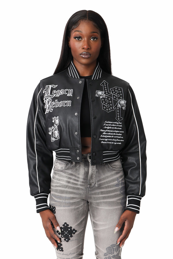 PU Leather Studded Varsity Jacket - Black