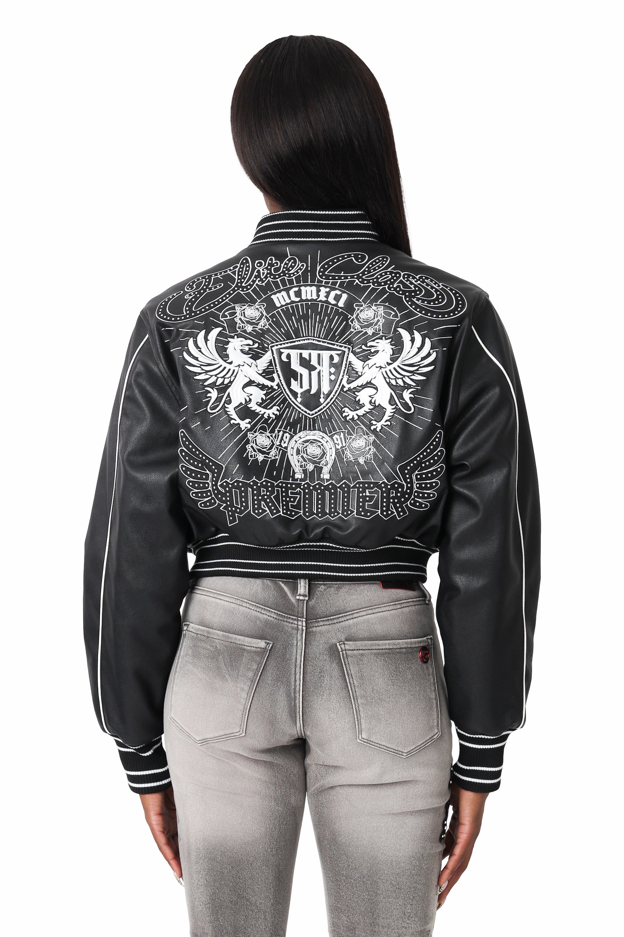 PU Leather Studded Varsity Jacket - Black