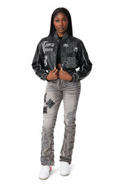 PU Leather Studded Varsity Jacket - Black