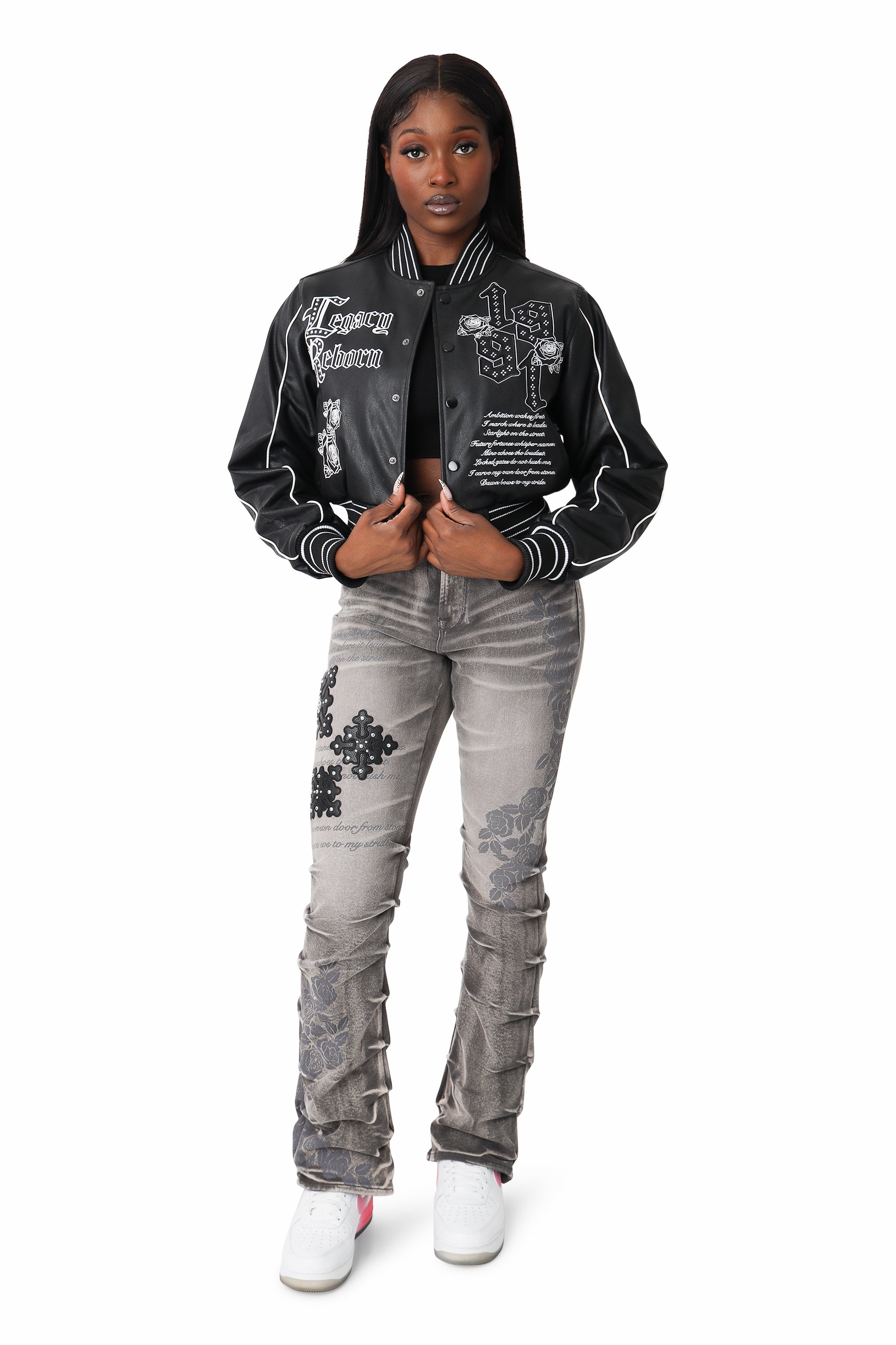 PU Leather Studded Varsity Jacket - Black