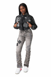 PU Leather Studded Varsity Jacket - Black