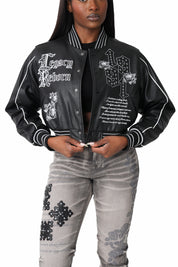 PU Leather Studded Varsity Jacket - Black
