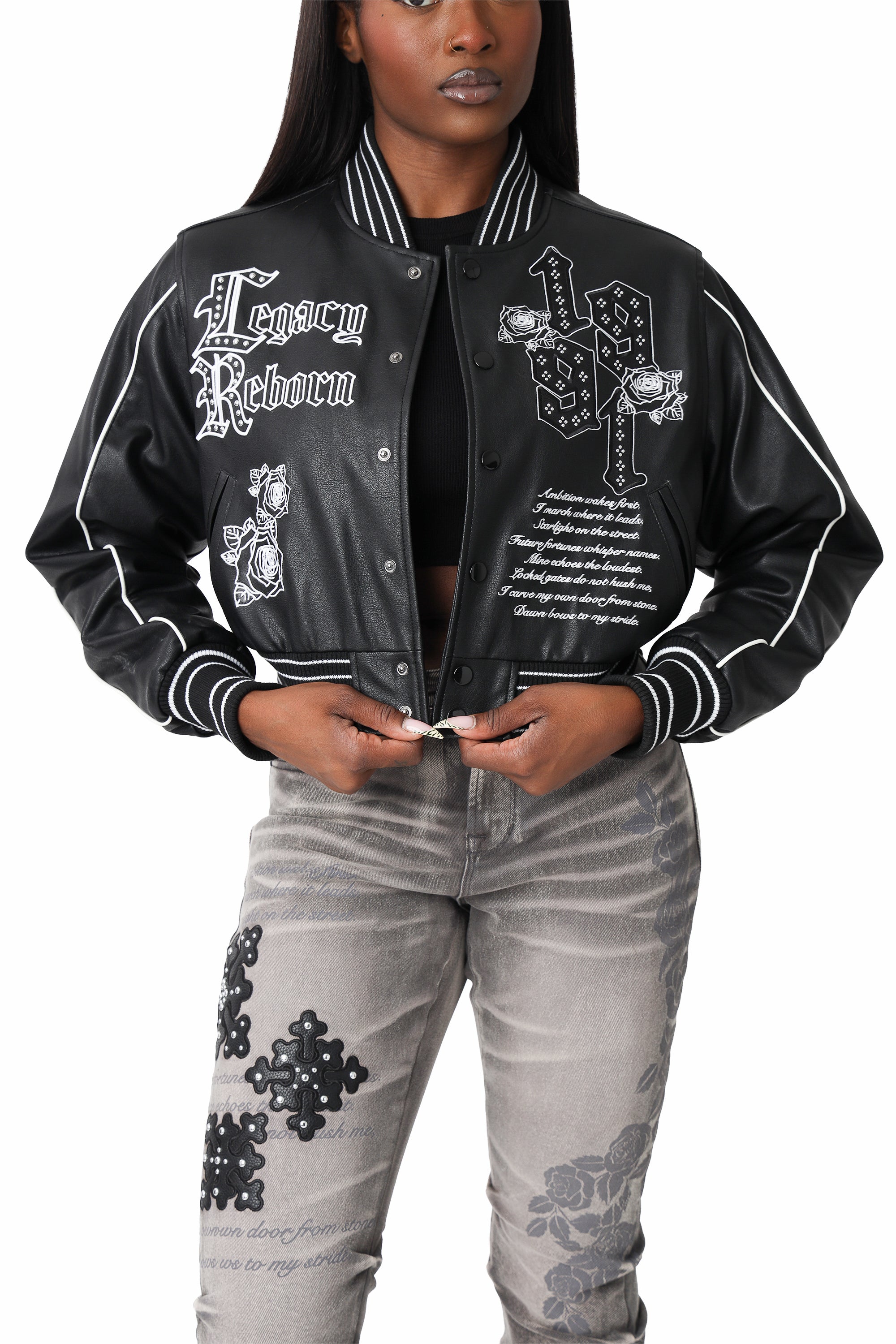 PU Leather Studded Varsity Jacket - Black