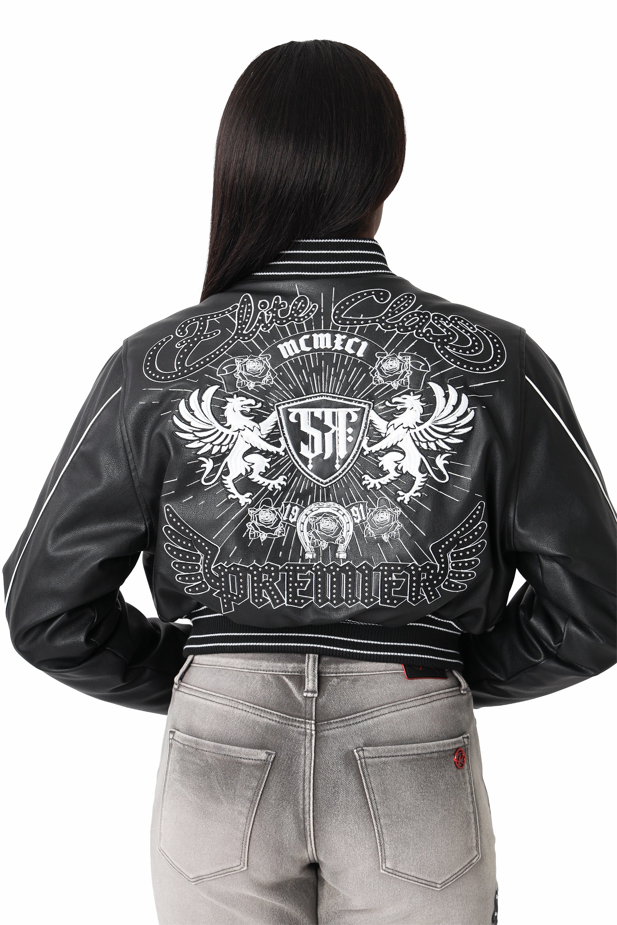 PU Leather Studded Varsity Jacket - Black