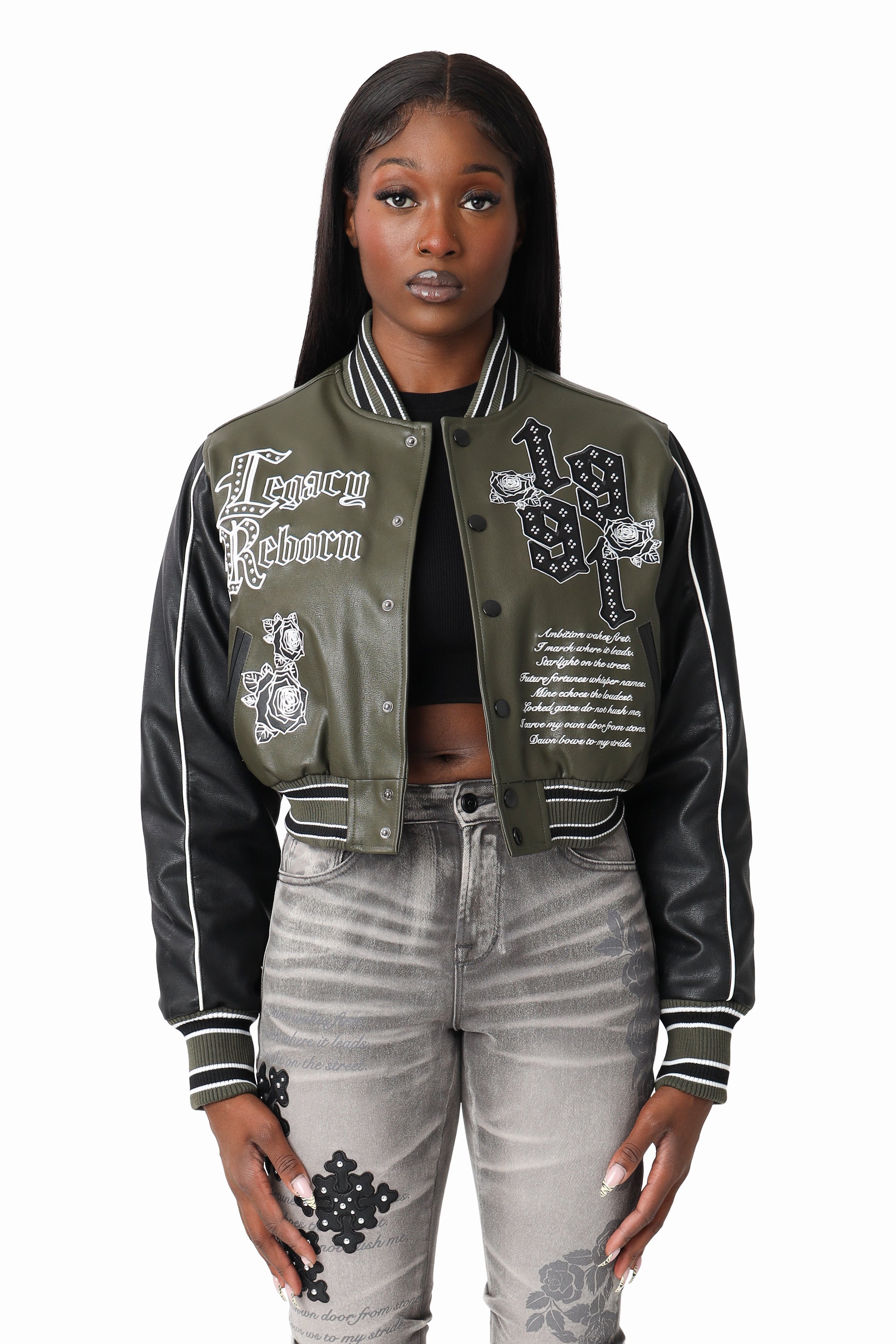PU Leather Studded Varsity Jacket - Forest Night