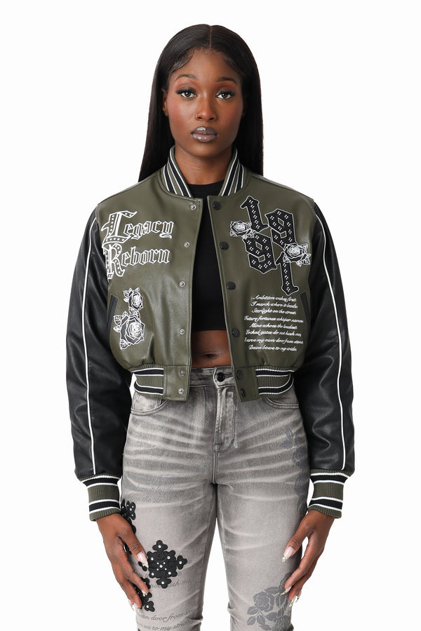 PU Leather Studded Varsity Jacket - Forest Night