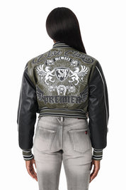 PU Leather Studded Varsity Jacket - Forest Night