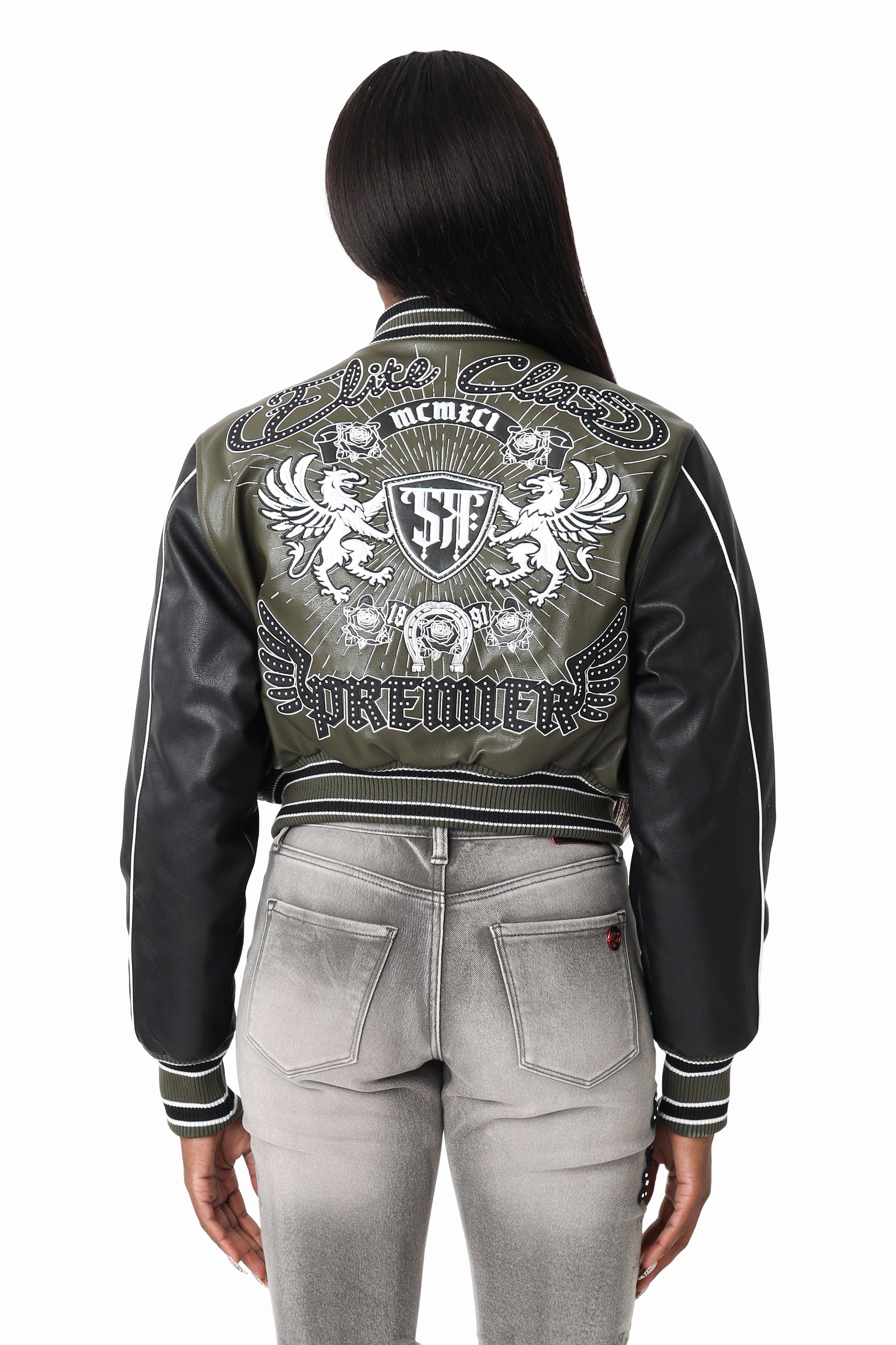 PU Leather Studded Varsity Jacket - Forest Night