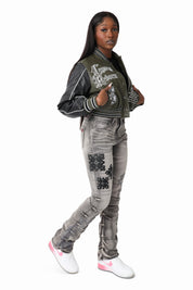 PU Leather Studded Varsity Jacket - Forest Night