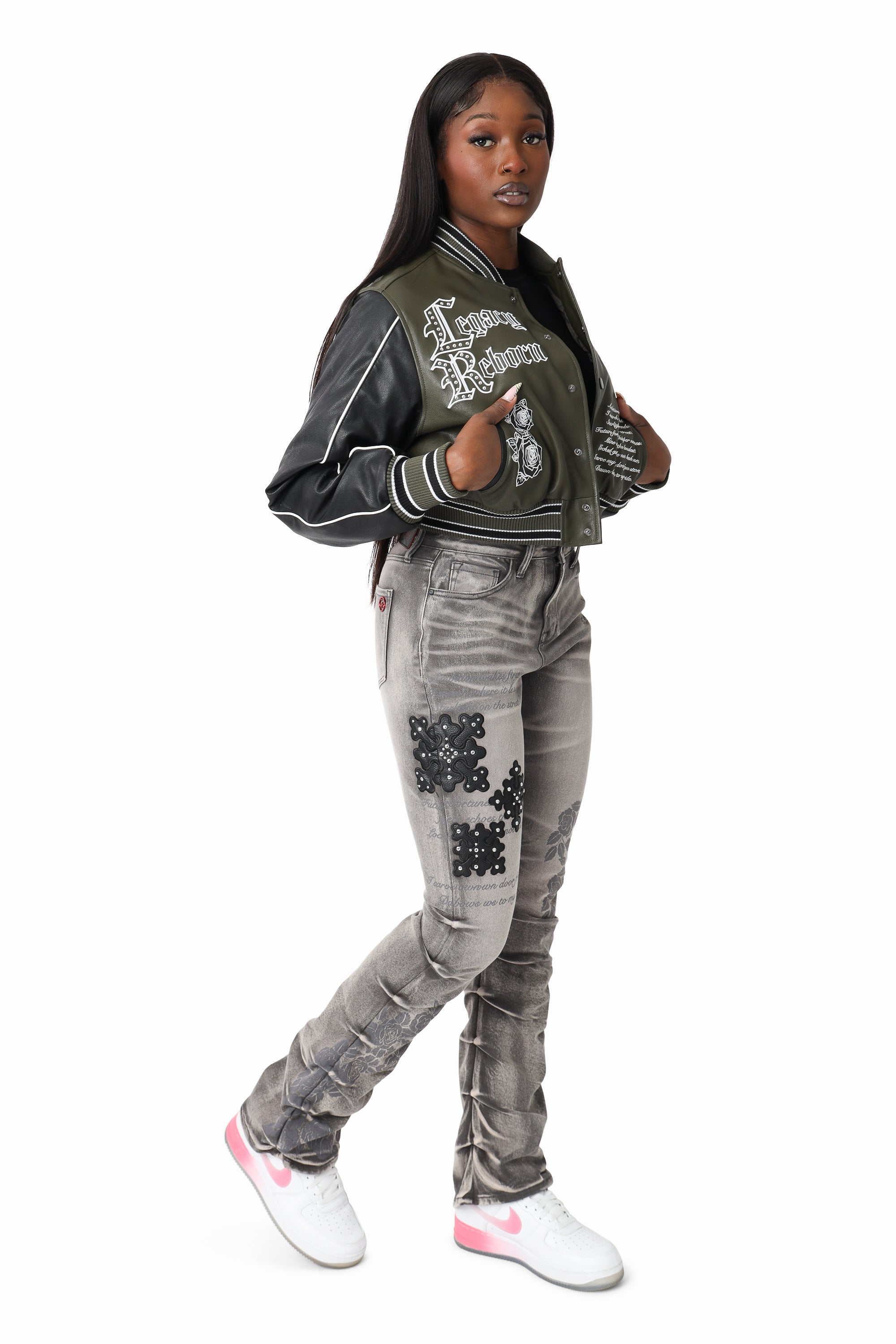 PU Leather Studded Varsity Jacket - Forest Night