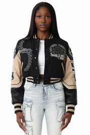 Embroidered Varsity Jacket - Black