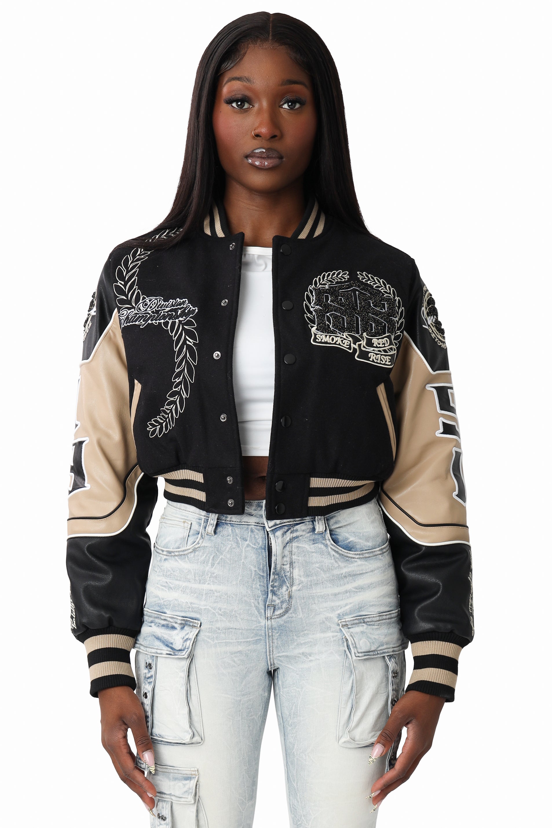 Embroidered Varsity Jacket - Black
