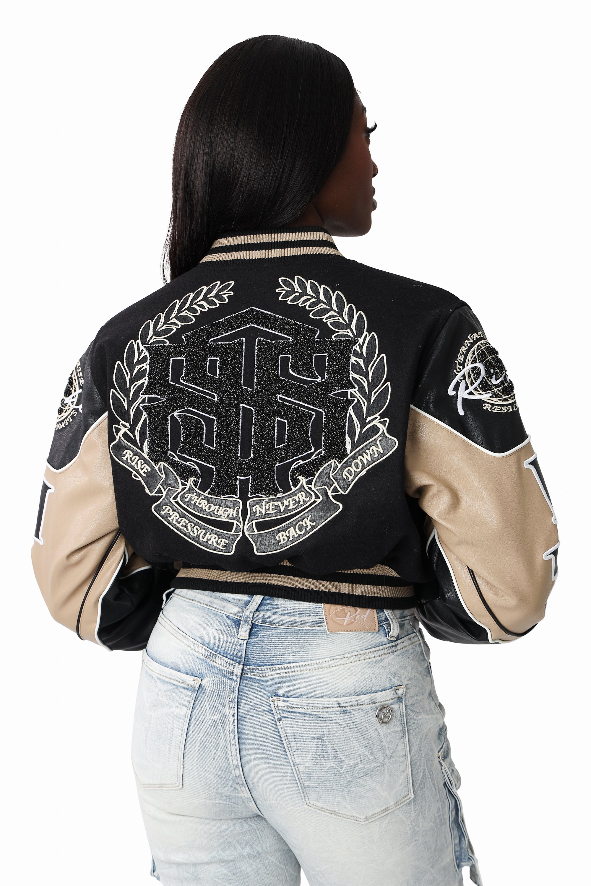 Embroidered Varsity Jacket - Black