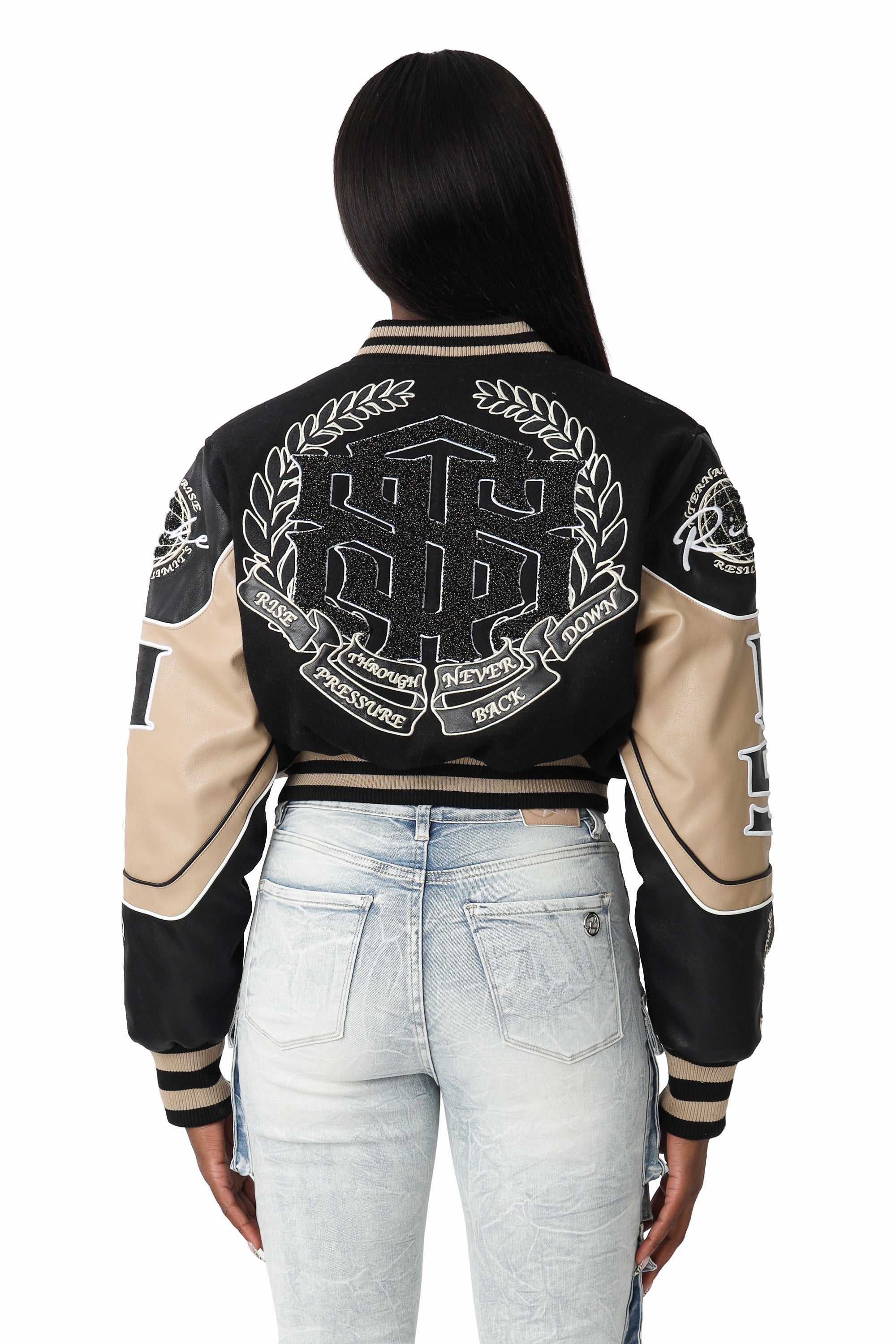Embroidered Varsity Jacket - Black