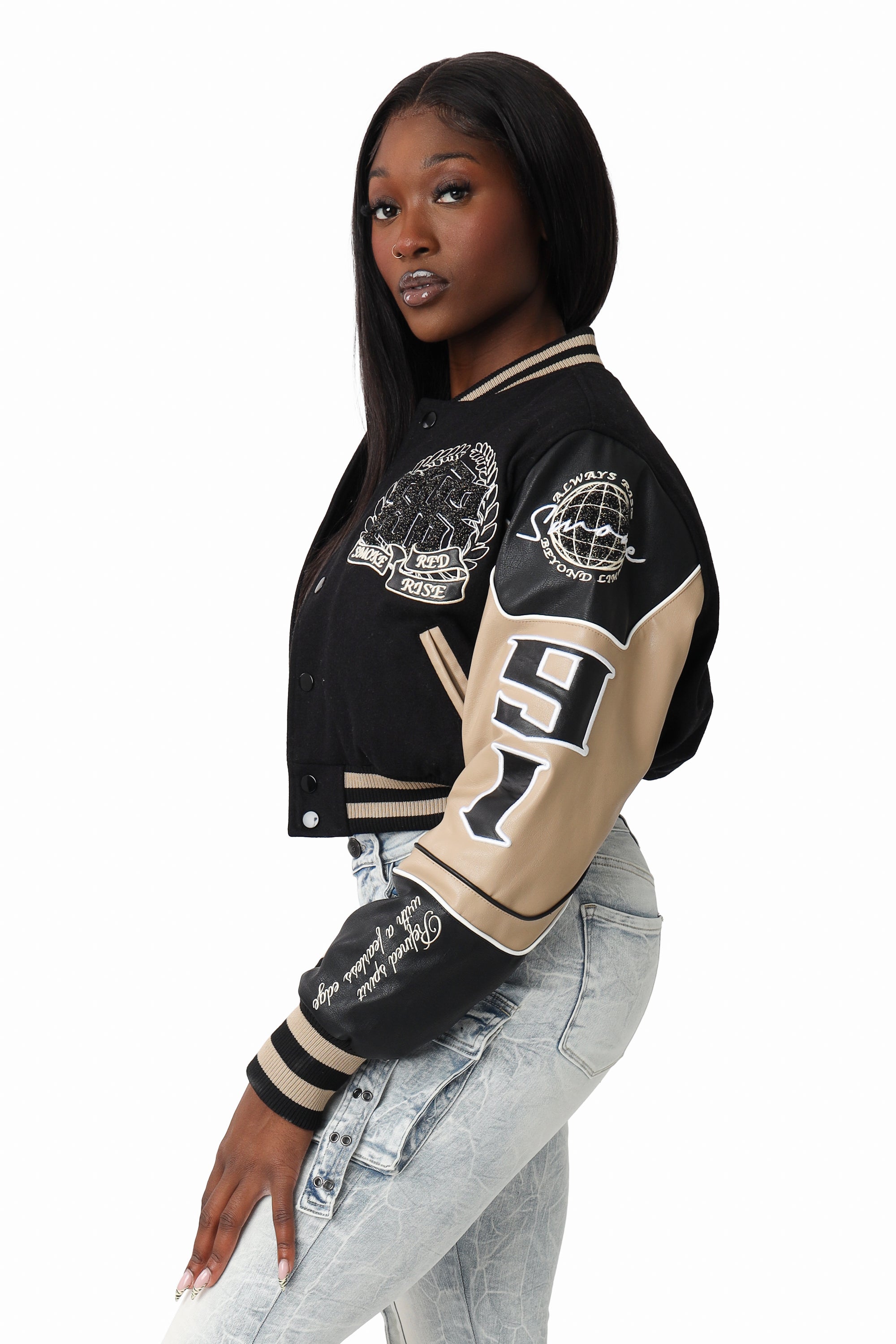 Embroidered Varsity Jacket - Black