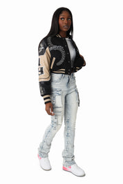 Embroidered Varsity Jacket - Black