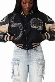 Embroidered Varsity Jacket - Black