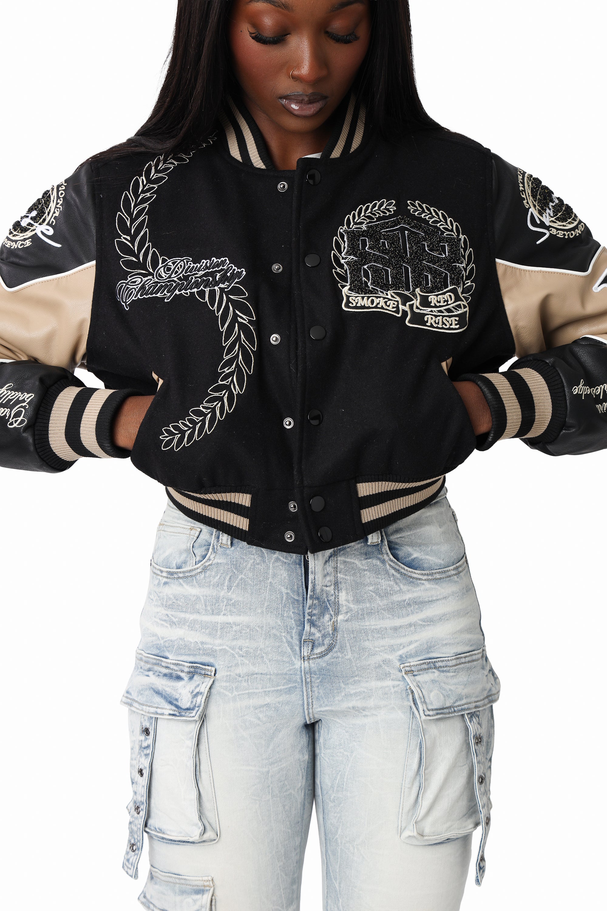 Embroidered Varsity Jacket - Black