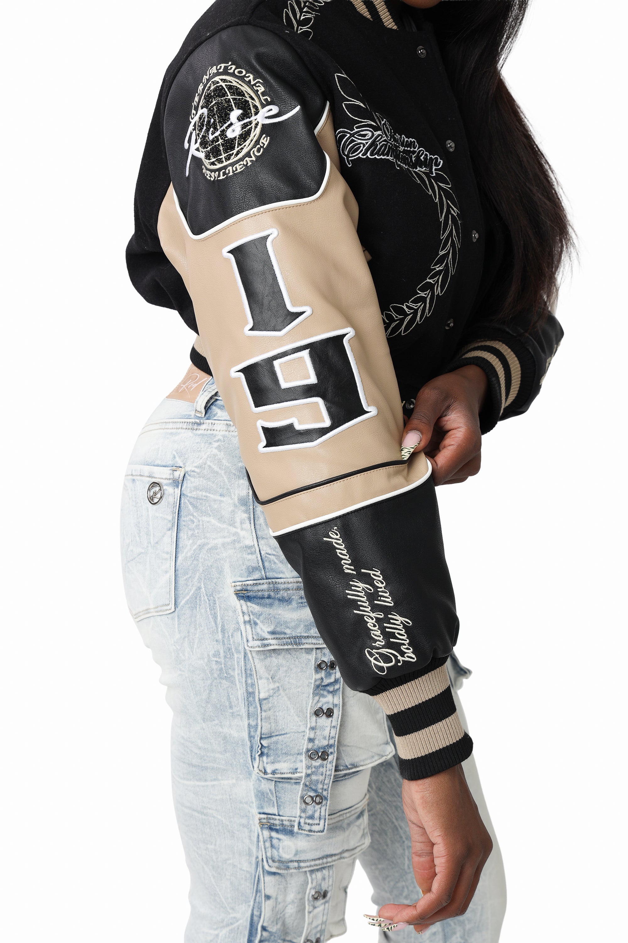 Embroidered Varsity Jacket - Black
