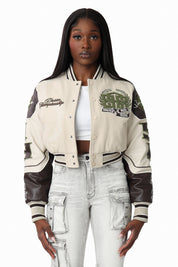 Embroidered Varsity Jacket - Oyster Grey